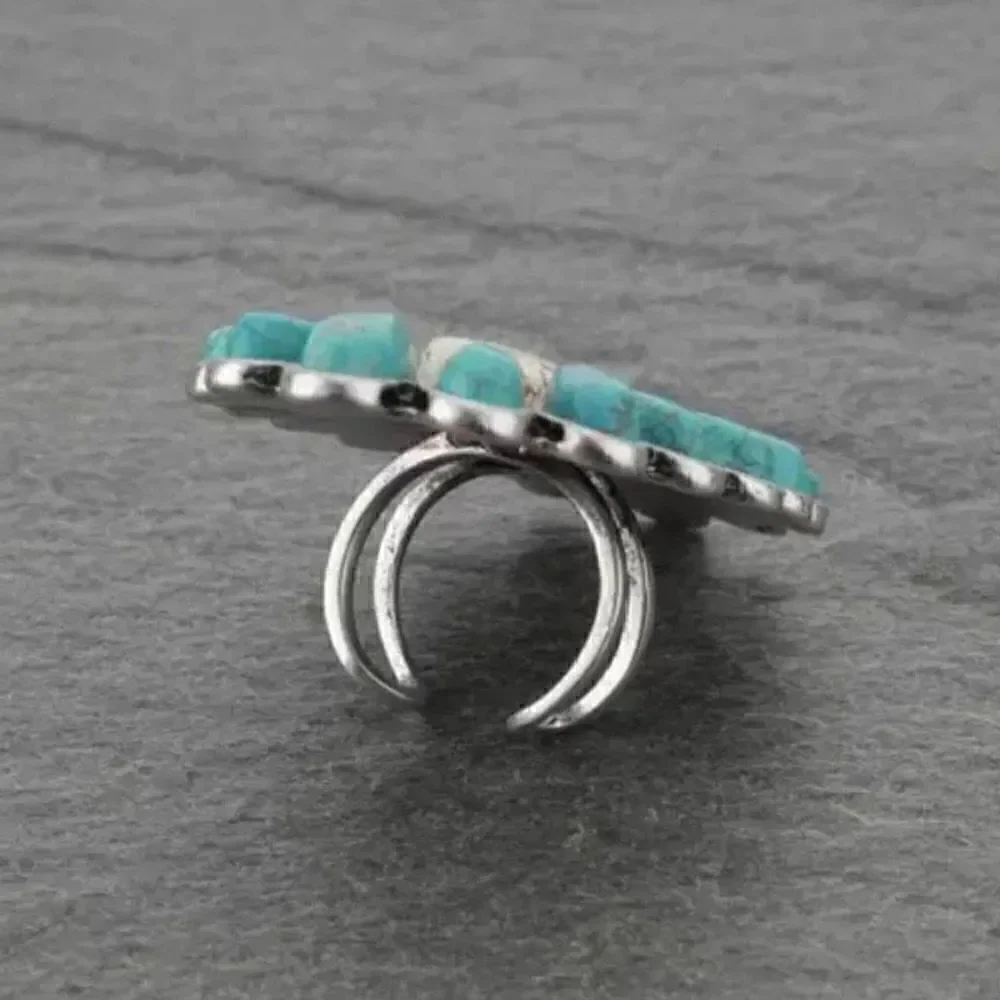 Ladies Western Turquoise Cluster Stone Statement Silver Adjustable Fashion Ring